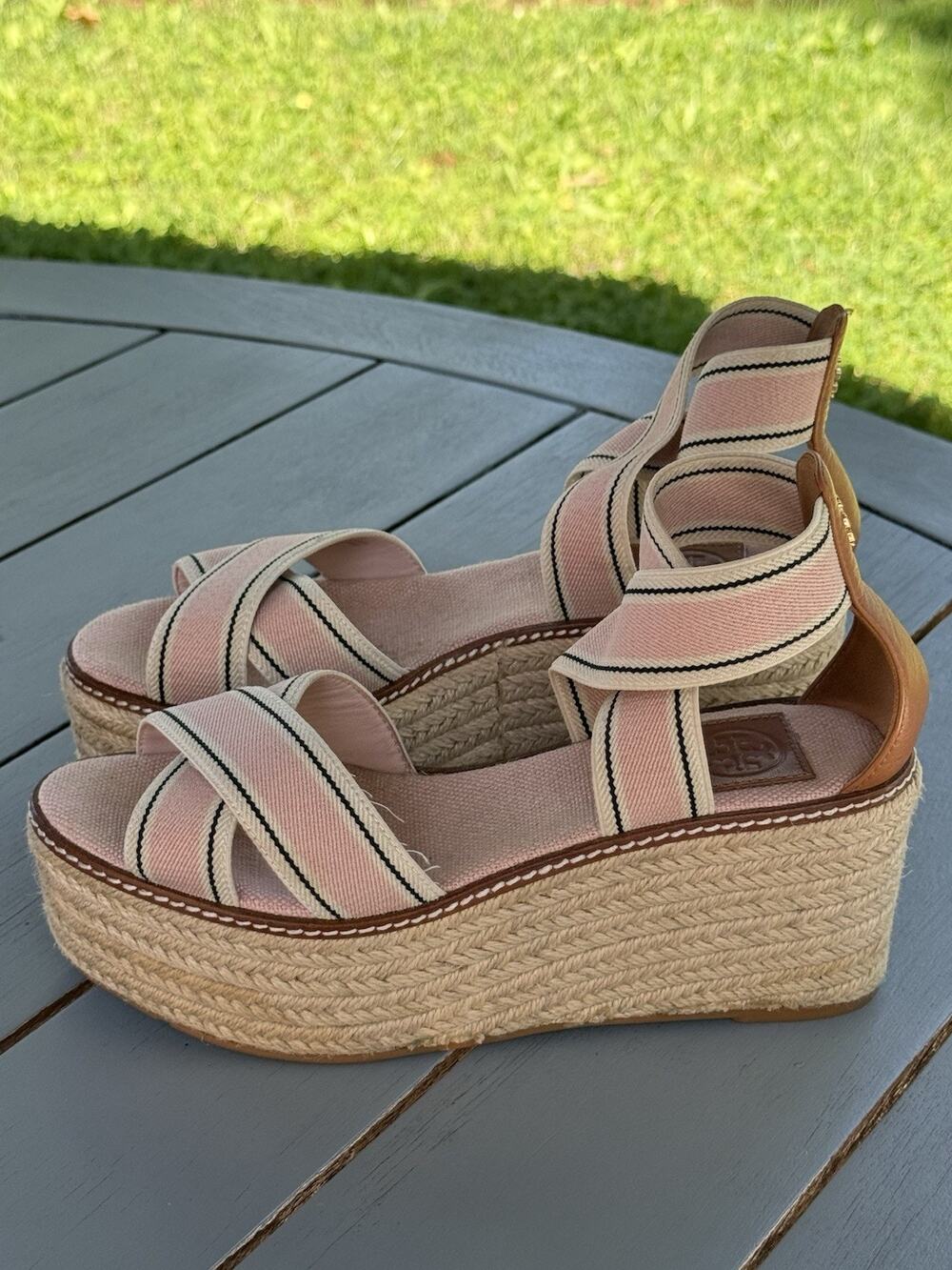Tory Burch Pink Beige Striped Strappy Wedge Platform Slip-On Sandals Size 7M